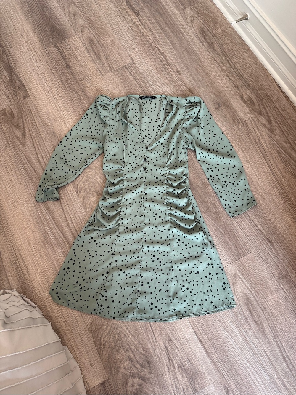 Women’s Sage Green Black Polka Dot Ruched Mini Dress